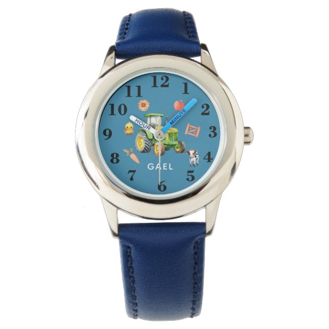 Boys Cute Farm Animal and Tractor & Namn Kids Armbandsur (Framsida)