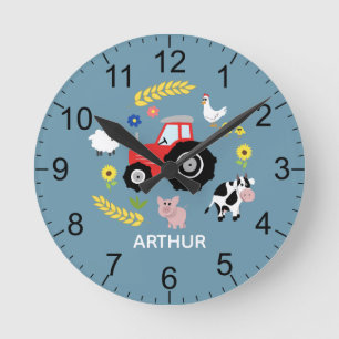 Boys Cute Farm Animal Tractor Kids Nursery Rund Klocka