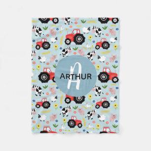 Boys Cute Farm Animal Tractor Mönster & Namn Kids Fleecefilt