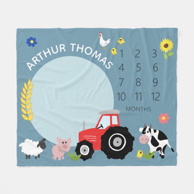 Boys Cute Farm Animal Tractor och Namn Milestone Fleecefilt (Framsidan (Horisontell))