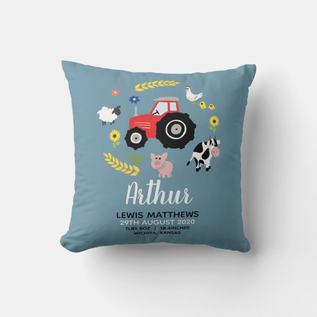 Boys Cute Farm Tractor Birth Stats Kids Nursery Kudde (Framsida)
