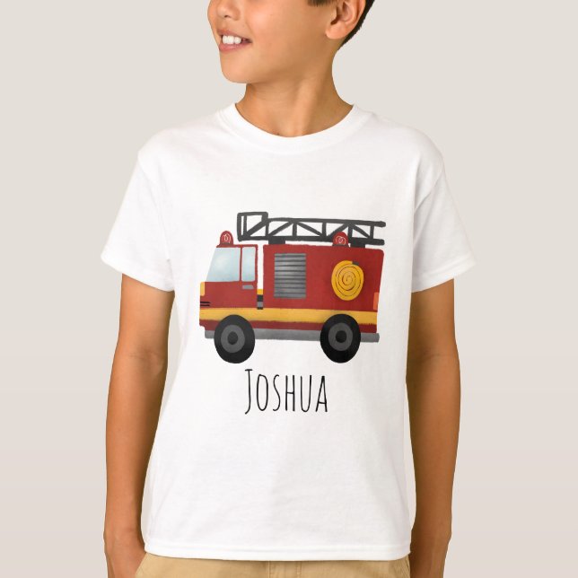 Boys Cute Fireman Fire Engine Lastbil och Namn T Shirt (Framsida)