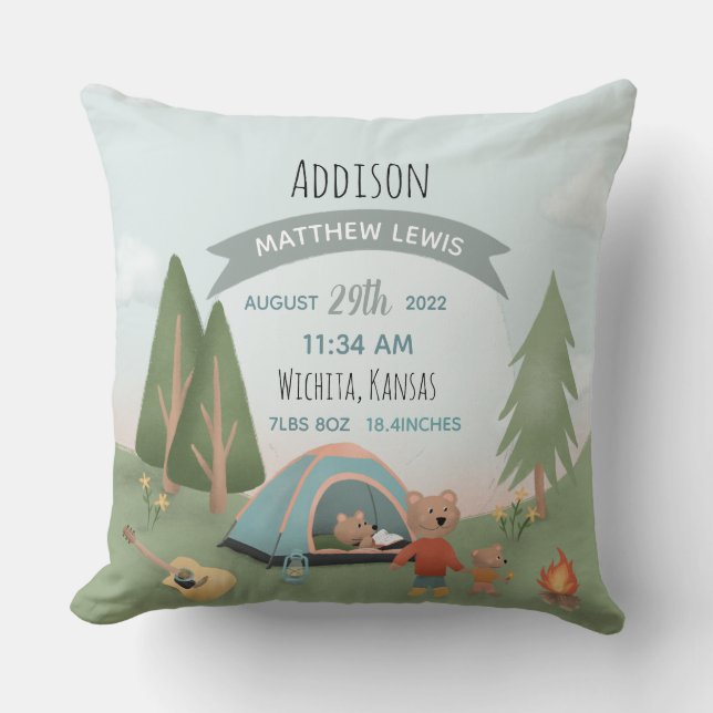 Boys Cute Forest Bear Birth Stats Baby Nursery Kudde (Framsida)