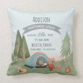 Boys Cute Forest Bear Birth Stats Baby Nursery Kudde