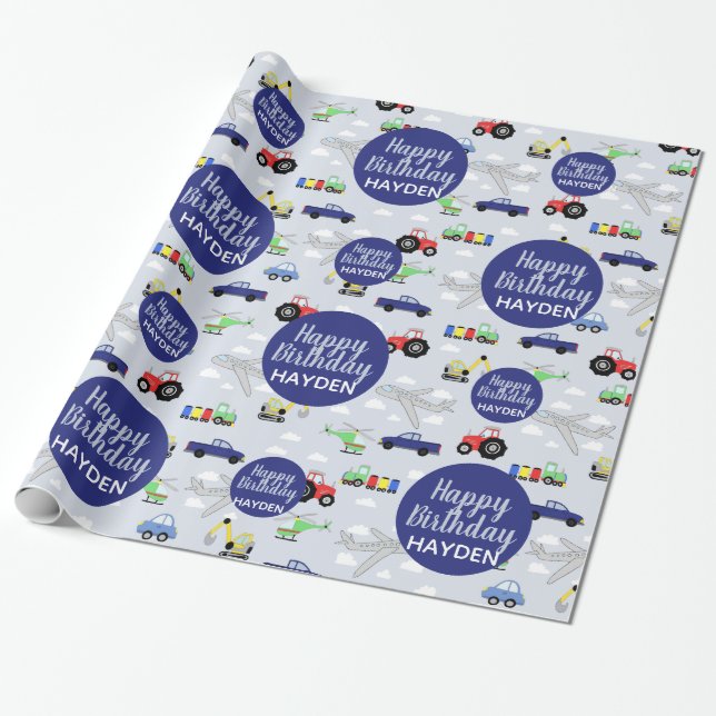 Boys Cute Grattis på födelsedagen Car Mönster Kids Presentpapper (Utrullad)