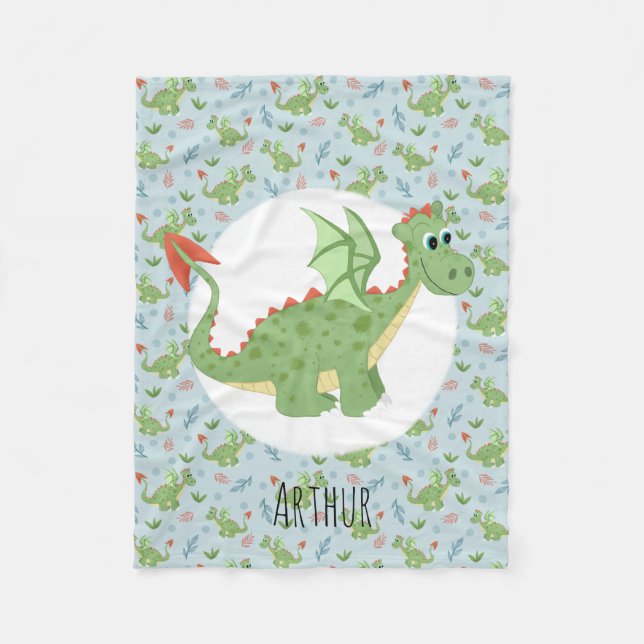 Boys Cute Grönt Dragon Mönster & Namn Kids Small Fleecefilt (Framsidan)