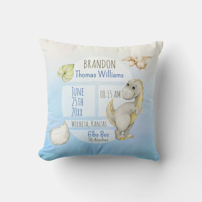 Boys Cute Grönt T-Rex Keepie Birth Stats Kudde (Framsida)