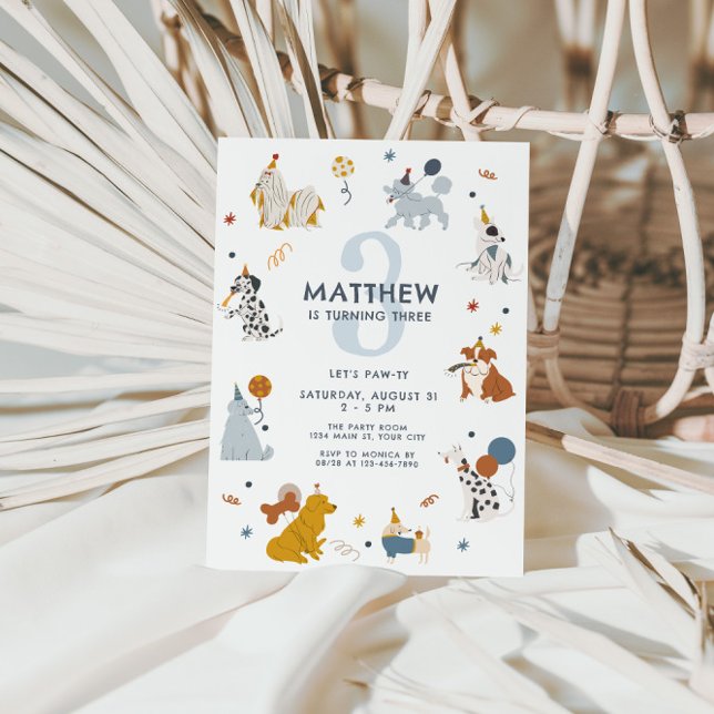 Boys Cute Hund Låt oss Pawty 3:e födelsedagen Inbjudningar (Boys Cute Dog 3rd Birthday Invite)