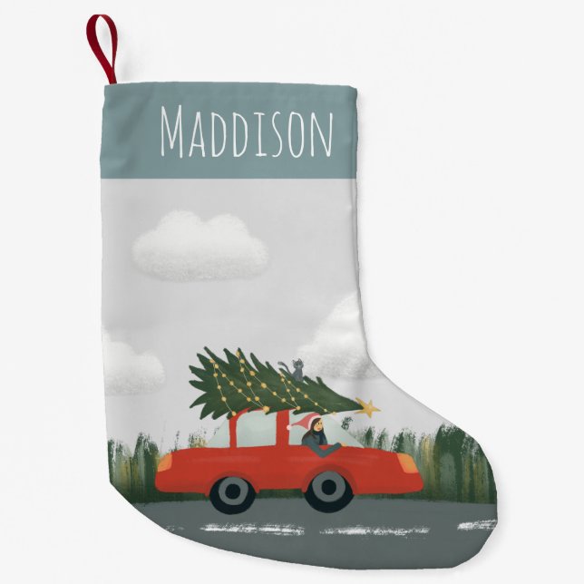 Boys Cute Julgran Car och Cat Kids Liten Julstrumpa (Framsidan)