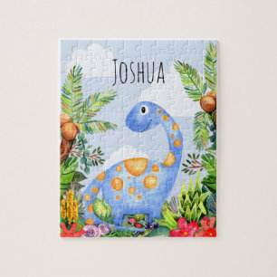 Boys Cute Jungle Watercolor Dinosaur och Namn Kids Pussel