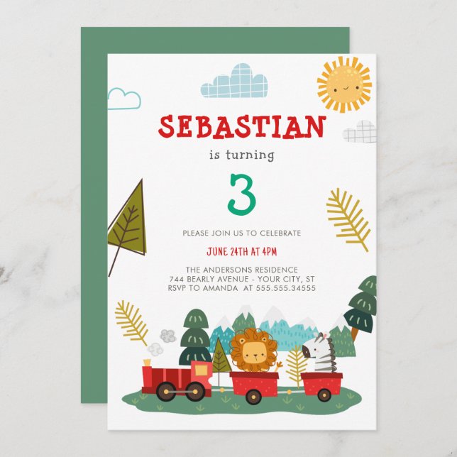 Boys Cute Modern Animals Tåg Travel Birday Inbjudningar (Fram/baksida)