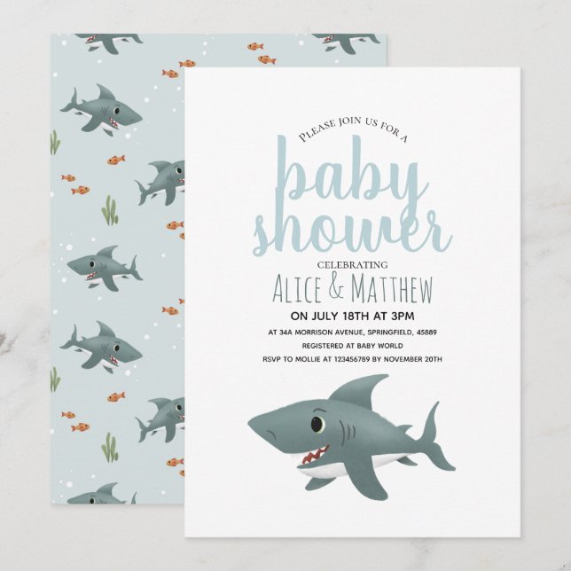 Boys Cute Modern Blue Ocean Shark Baby Shower Inbjudningar (Fram/baksida)