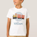 Boys Cute Modern Blue Tåg Travel Kids T Shirt<br><div class="desc">Den här söta barnskjortan har en blå och orange bild av tågets färd och utrymme för att lägga till ditt pojknamn. Perfekt för små tågälskare! En fantastisk modern gåva till nästa barnfödelsedagspresent,  bra för skolan eller förskolan.</div>