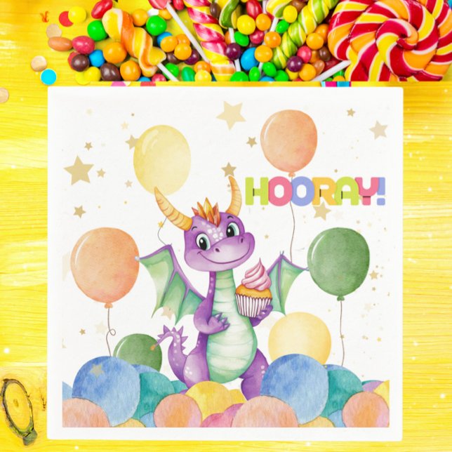 Boys Cute Modern Dragon Barns födelsedag Napkin Pappersservett (Cute Dragon Birthday Party Napkin Watercolor Cupcake & Balloons - Hooray Theme - Kids Birthday)