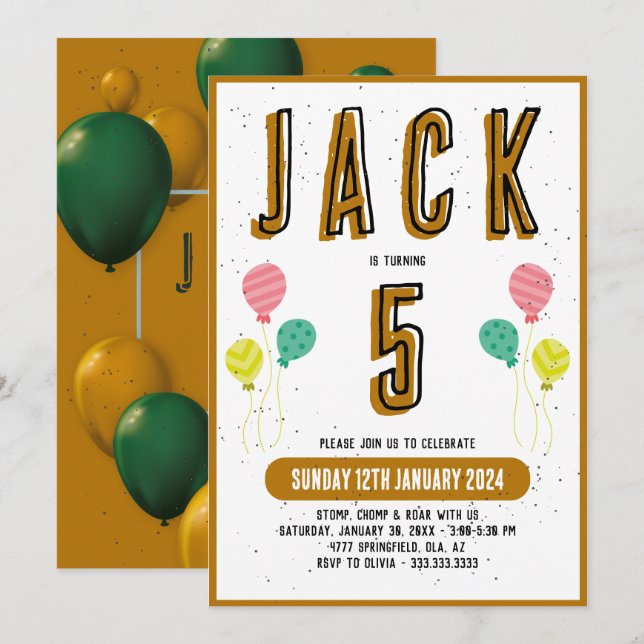 Boys Cute Modern Guld Theme Kids 5:e födelsedagsde Inbjudningar (Fram/baksida)