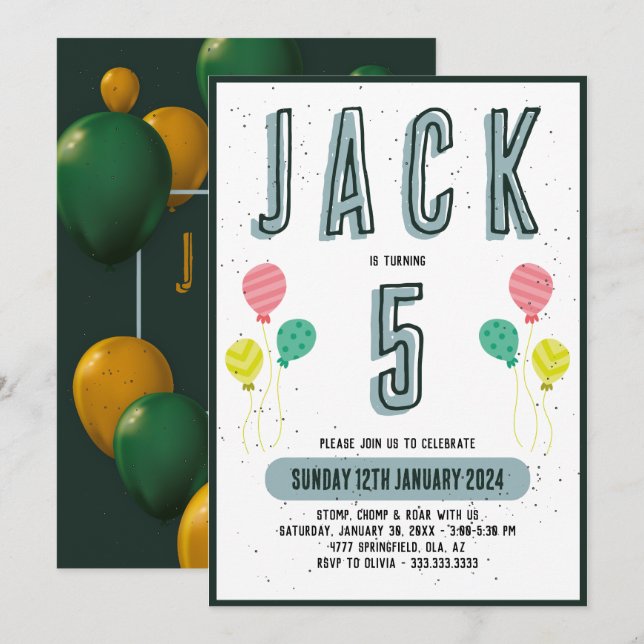 Boys Cute Modern Mörk grönt Themes Kids 5th Birthd Inbjudningar (Fram/baksida)