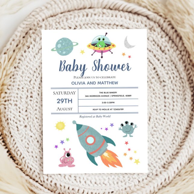 Boys Cute Modern Space Alien Rocket Baby Shower Inbjudningar (Skapare uppladdad)