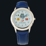 Boys Cute och Coola Blue Monster Alien Armbandsur<br><div class="desc">Den här söta och moderna barnen har färgstarka monsterfrämmande illustrationer,  och ett ställe för dig att lägga till pojkens namn. Perfekt för alla coolans monsterälskande barn! Med tydliga siffror och blå bakgrund är den här utformningen underbar för ett litet lärande att visa tiden.</div>
