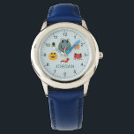 Boys Cute och Coola Blue Monster Alien Armbandsur<br><div class="desc">Den här söta och moderna barnen har färgstarka monsterfrämmande illustrationer,  och ett ställe för dig att lägga till pojkens namn. Perfekt för alla coolans monsterälskande barn! Med tydliga siffror och blå bakgrund är den här utformningen underbar för ett litet lärande att visa tiden.</div>