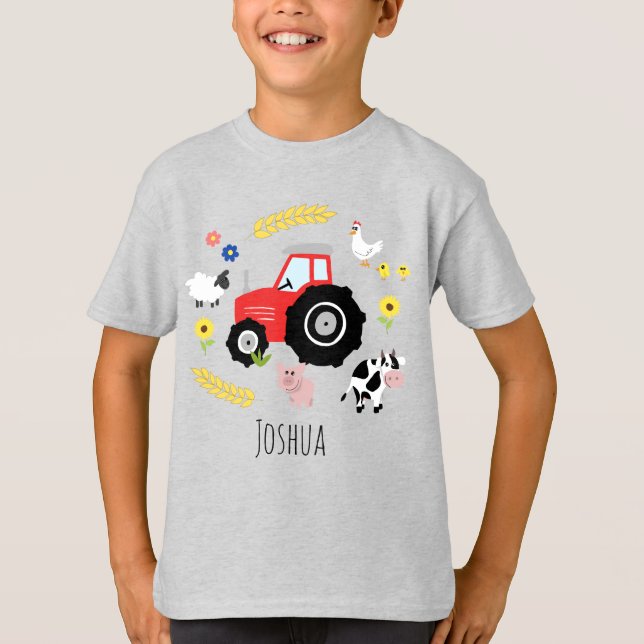 Boys Cute Red Farm Tractor and Animals T Shirt (Framsida)
