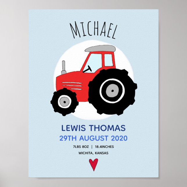 Boys Cute Red Farm Tractor Baby Nursery Poster (Framsidan)