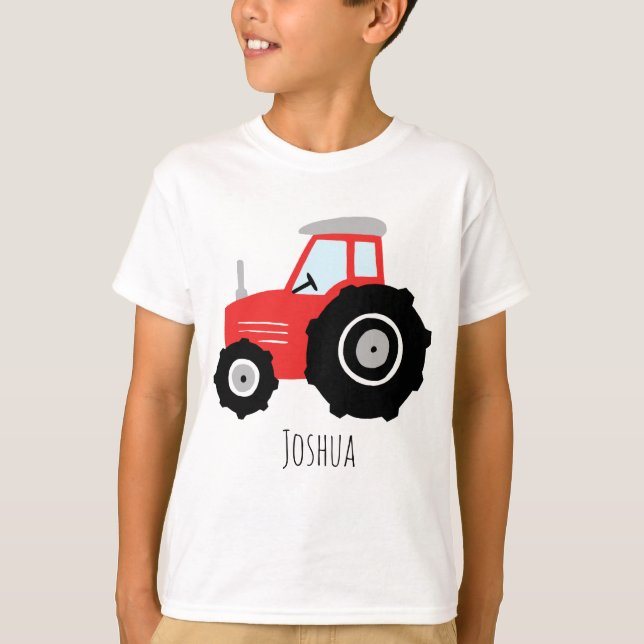 Boys Cute Red Farm Tractor Tecknad med Namn T Shirt (Framsida)