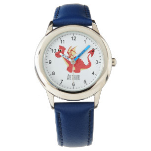 Boys Cute Red Welsh Dragon Tecknad & Namn Kids Armbandsur