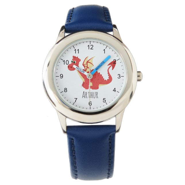 Boys Cute Red Welsh Dragon Tecknad & Namn Kids Armbandsur (Framsida)