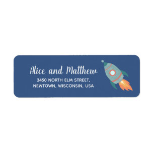 Boys Cute Rocket Space Baby Shower Returadress Etikett