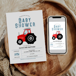 Boys Cute Rustic Farm Red Tractor Baby Shower Inbjudningar