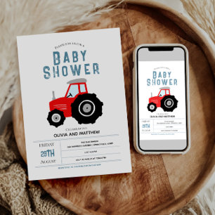 Boys Cute Rustic Farm Red Tractor Baby Shower Inbjudningar