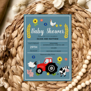 Boys Cute Rustic Land Farm Tractor Baby Shower Inbjudningar