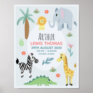 Boys Cute Safari Animals Birds Stats Baby Nursery Poster