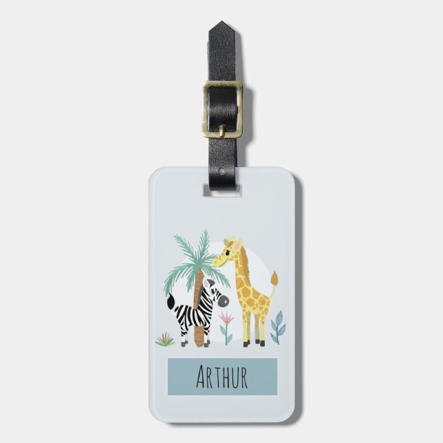 Boys Cute Safari Animals Giraffe Namn Kids Bagagebricka (Vertikal Framsida)