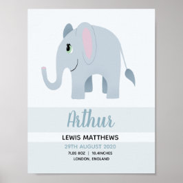 Boys Cute Safari Elephant Birth Stats Baby Nursery Poster