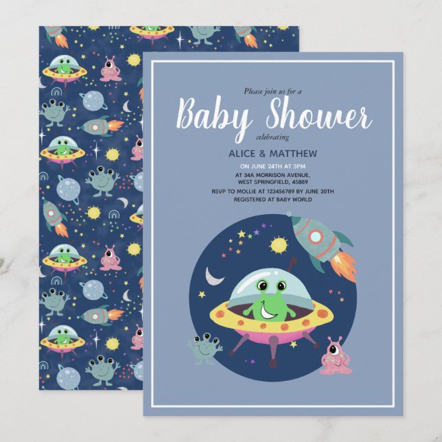 Boys Cute Space Alien Rocket Frakt Baby Shower Inbjudningar (Fram/baksida)