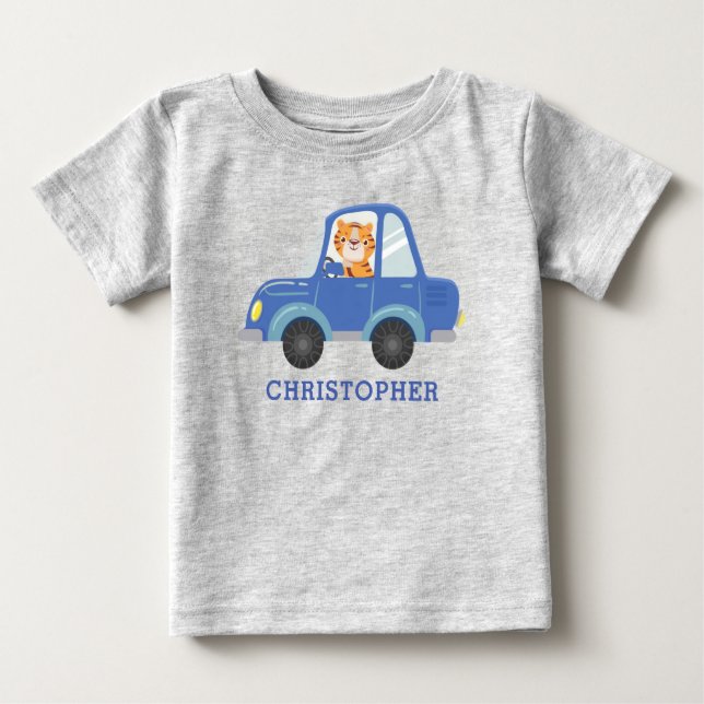 Boys Cute Tiger Driving Blue Car Personlig Namn T Shirt (Framsida)