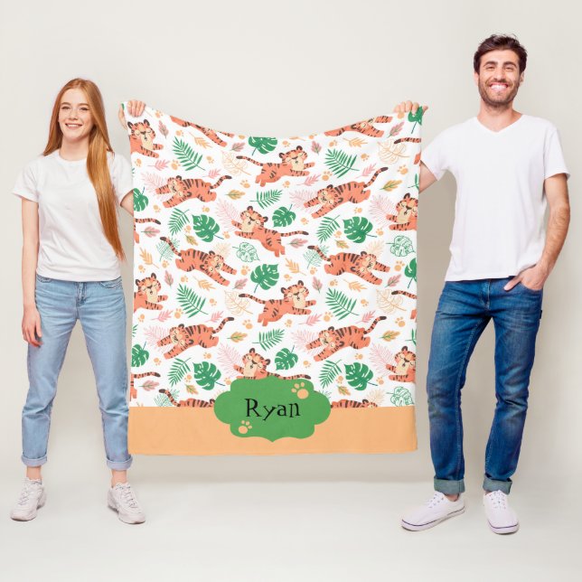 Boys Cute Tiger Vild Jungle Safari Kids Namn Fleecefilt (På plats)