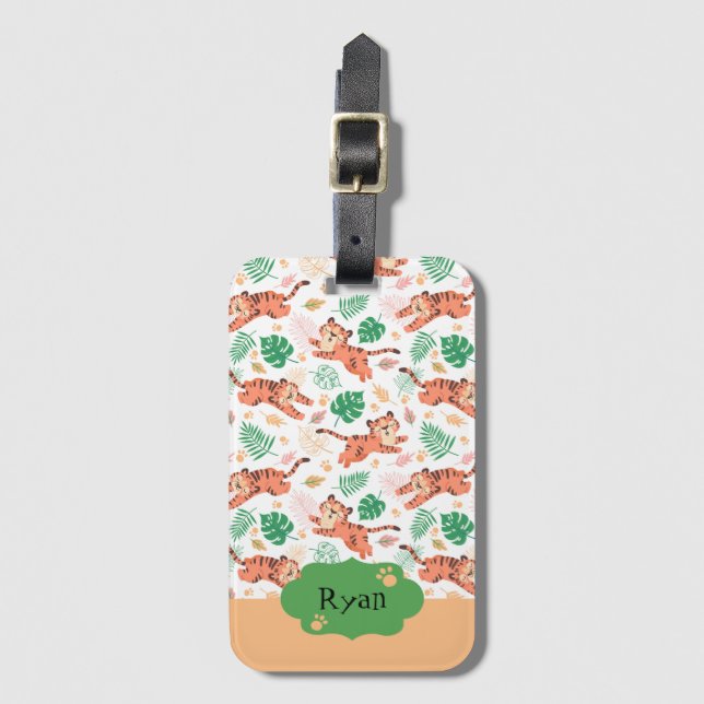 Boys Cute Tiger Vild Jungle Safari med Namn Kids Bagagebricka (Framsida vertikal)