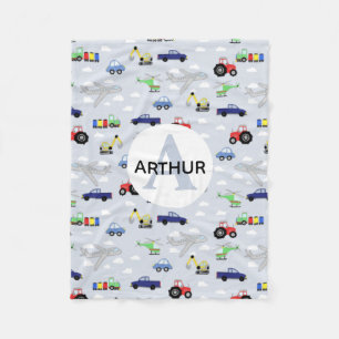 Boys Cute Transport Car Mönster Monogram Namn Kids Fleecefilt
