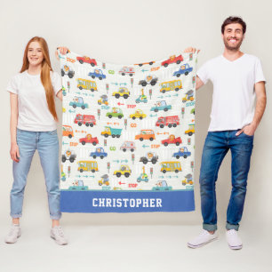 Boys Cute Transport Car Mönster Personlig Namn Fleecefilt