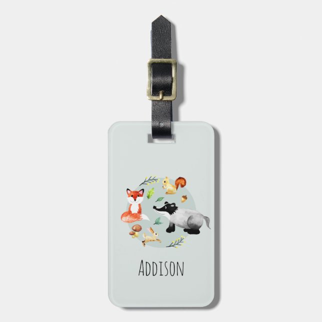 Boys Cute Watercolor Forest Animals Namn Kids Bagagebricka (Vertikal Framsida)