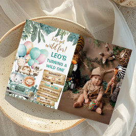 Boys Cute Wild One Safari 1st Birthday Photo Inbjudningar