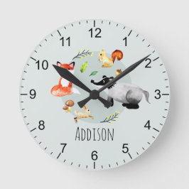 Boys Cute Woodland Forest Animals Kids Nursery Rund Klocka