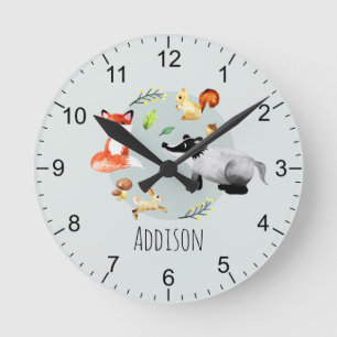 Boys Cute Woodland Forest Animals Kids Nursery Rund Klocka