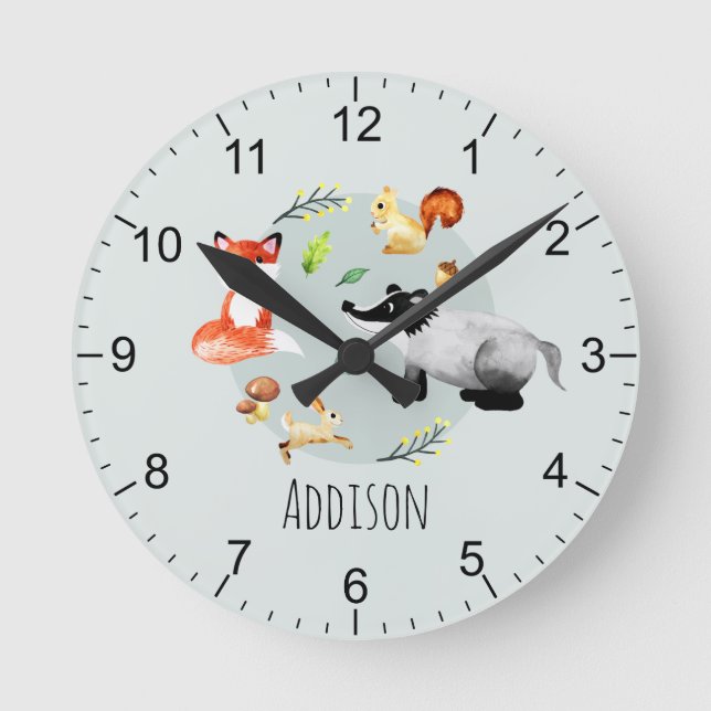 Boys Cute Woodland Forest Animals Kids Nursery Rund Klocka (Framsida)