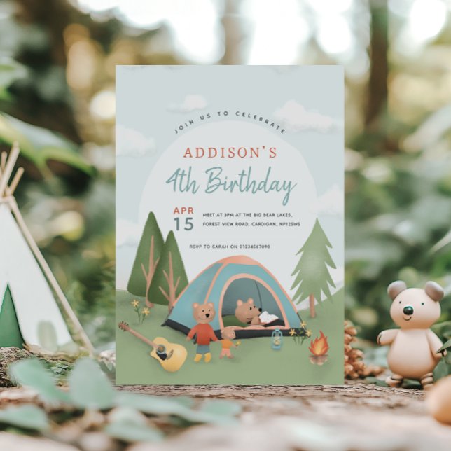 Boys Cute Woodland Happy Camper Bear Birthday Inbjudningar (Skapare uppladdad)