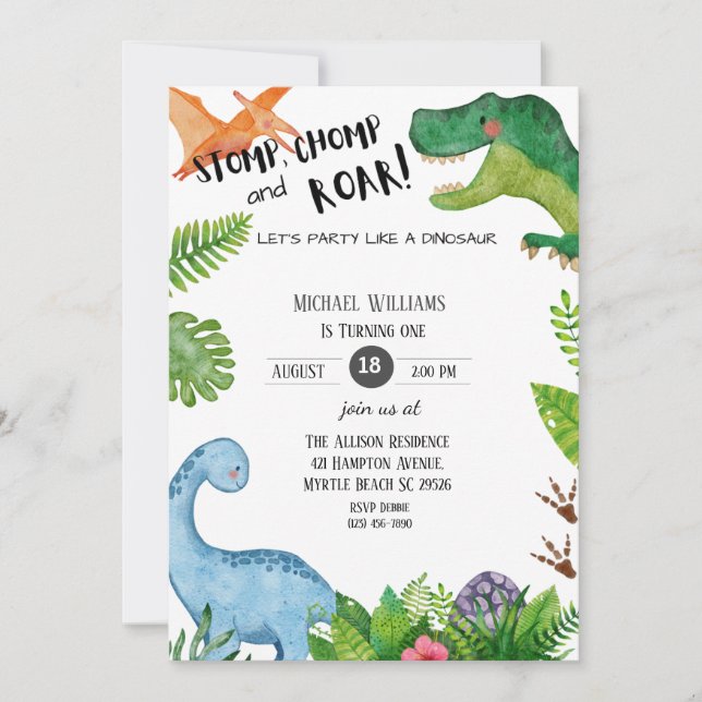 Boys Dinosaur 1:a födelsedagen Party Inbjudningar (Framsida)