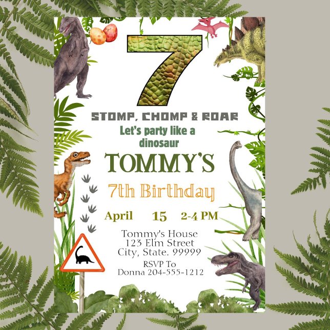 Boys Dinosaur 7:e Födelsedagsfest inbjudan (Skapare uppladdad)
