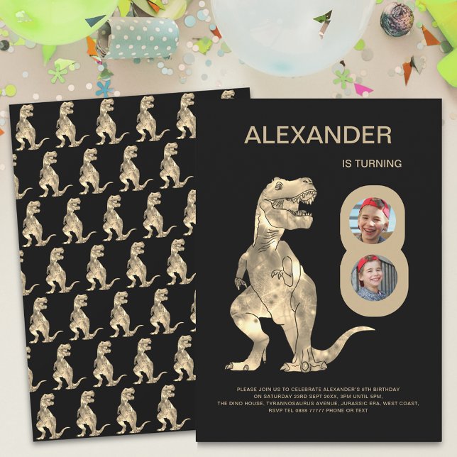 Boys Dinosaur 8:e Födelsedagsfesten Photo Collage Inbjudningar (T-Rex Dinosaur boys 8th birthday party 2 photo collage invitation)